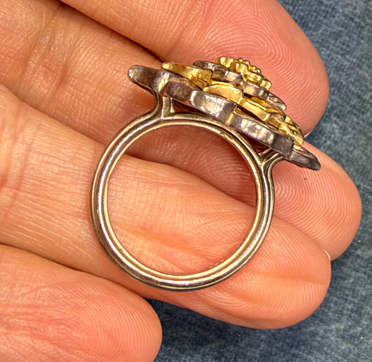18k Yellow Gold + Silver Diamond Mandala Flower Ring. 1" + 12g