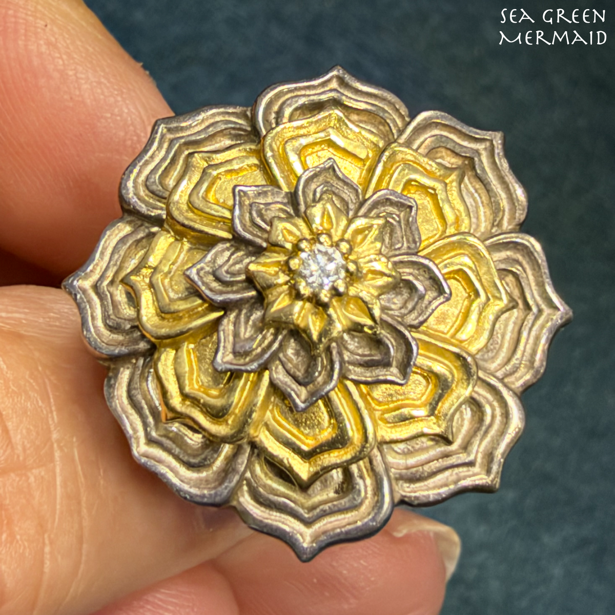 18k Yellow Gold + Silver Diamond Mandala Flower Ring. 1" + 12g