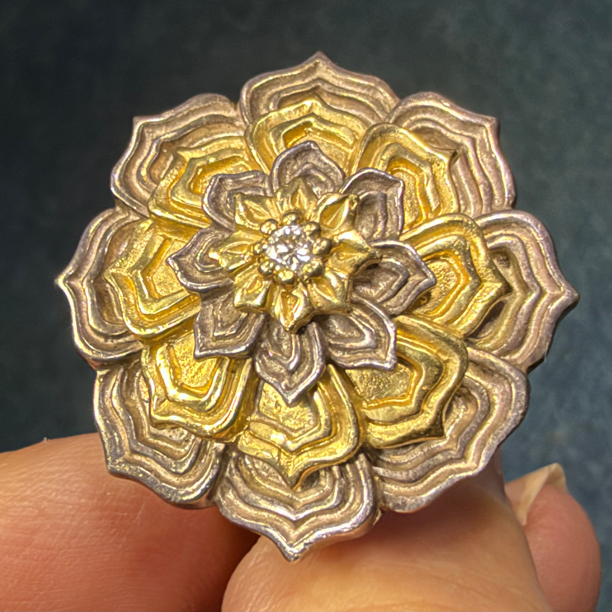 18k Yellow Gold + Silver Diamond Mandala Flower Ring. 1" + 12g