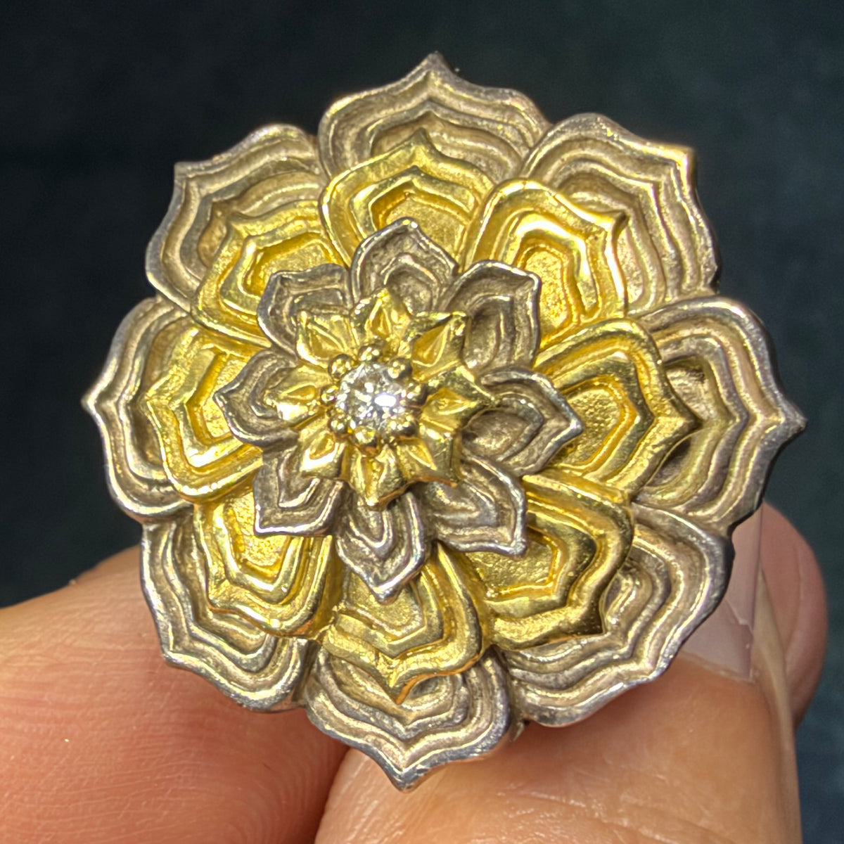 18k Yellow Gold + Silver Diamond Mandala Flower Ring. 1" + 12g