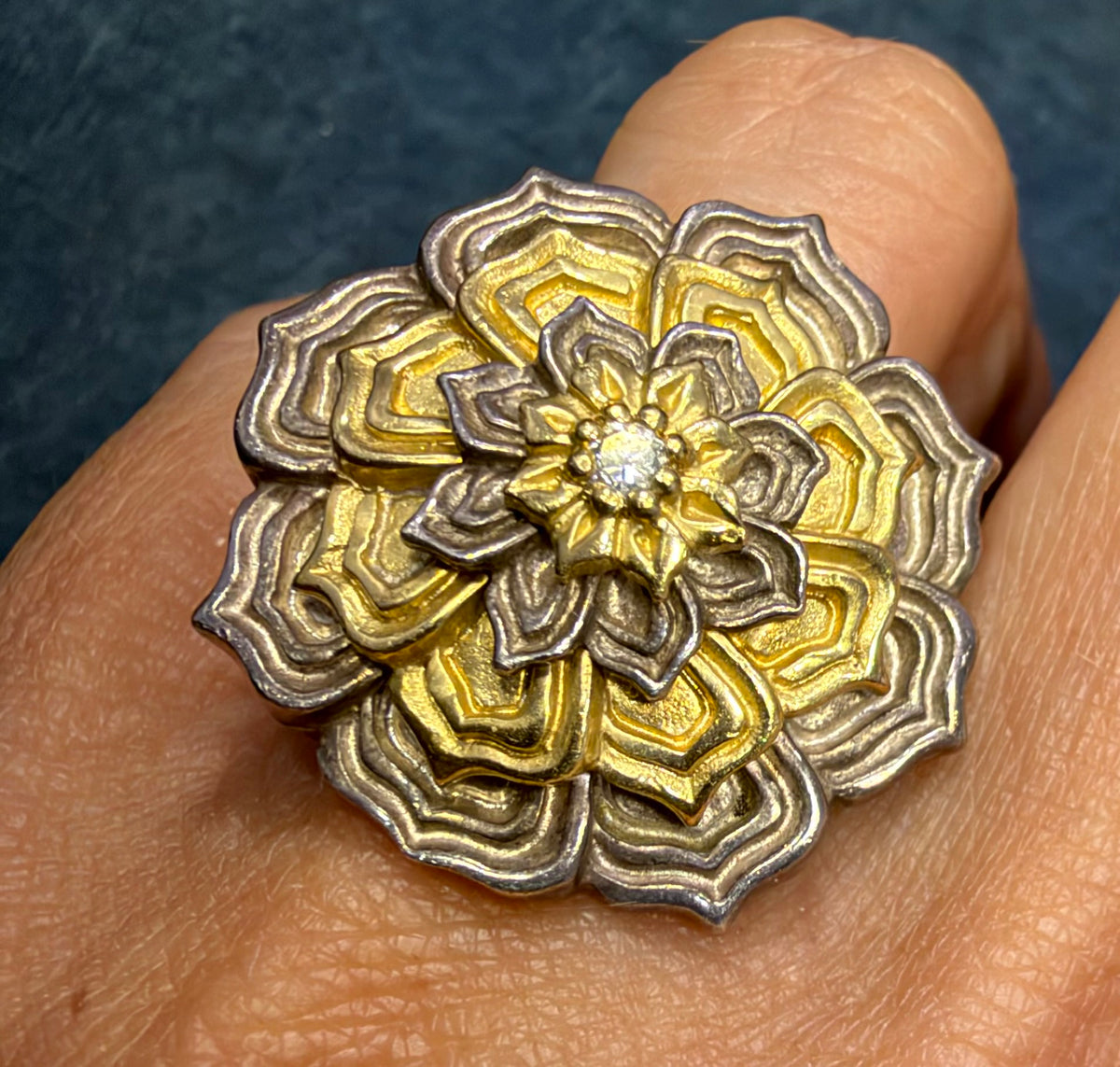 18k Yellow Gold + Silver Diamond Mandala Flower Ring. 1" + 12g