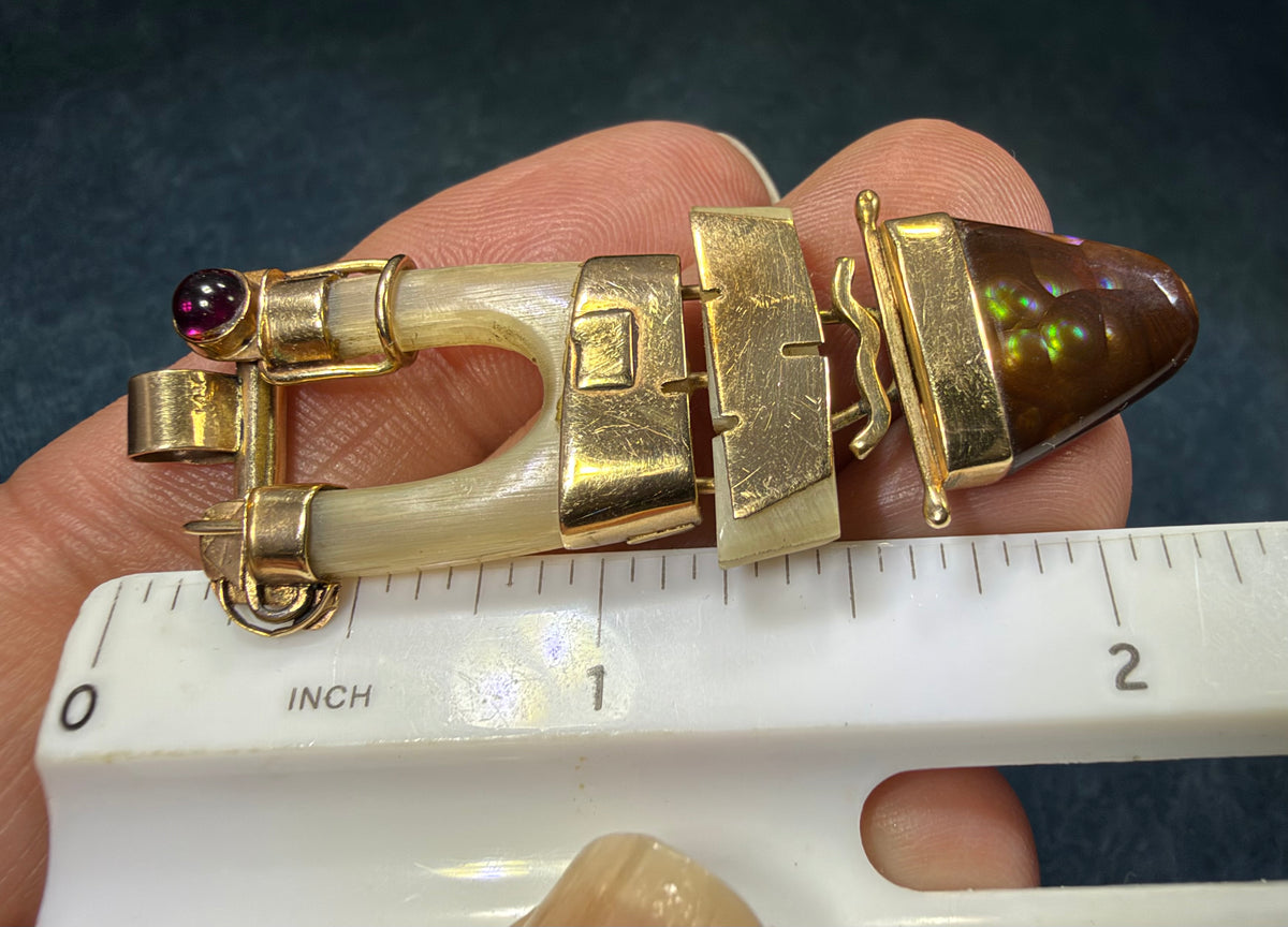 14k Yellow Gold Steampunk Artisan Pendant w Fire Agate. 2.2"