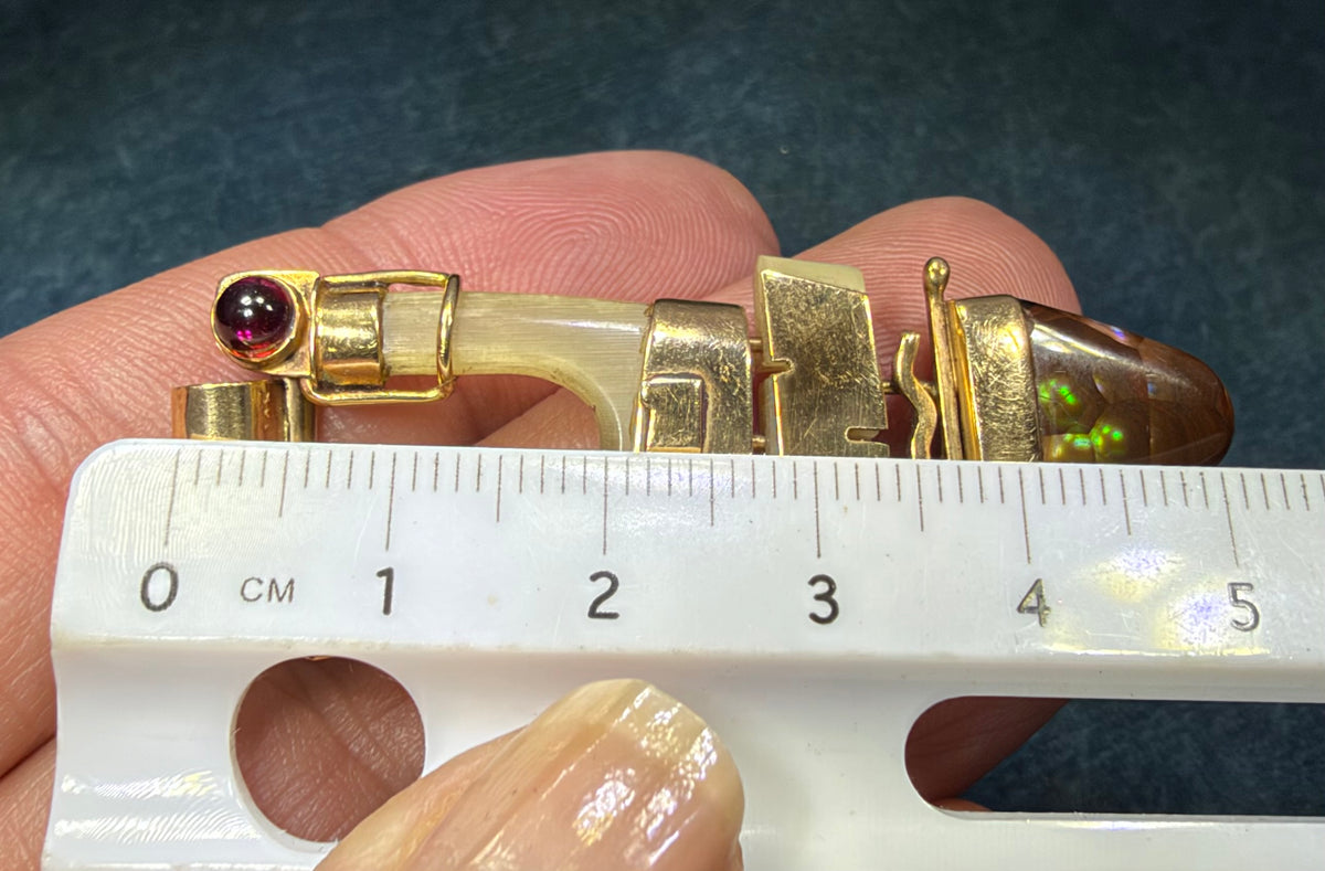 14k Yellow Gold Steampunk Artisan Pendant w Fire Agate. 2.2"