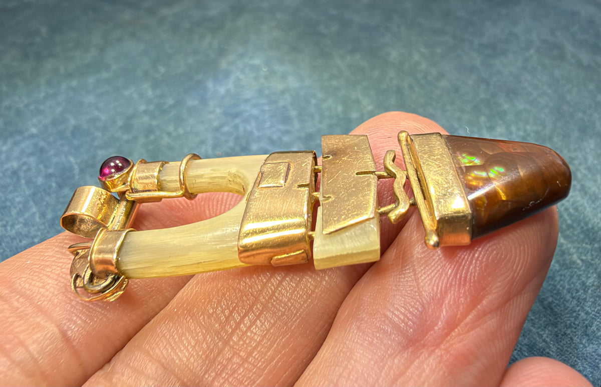 14k Yellow Gold Steampunk Artisan Pendant w Fire Agate. 2.2"