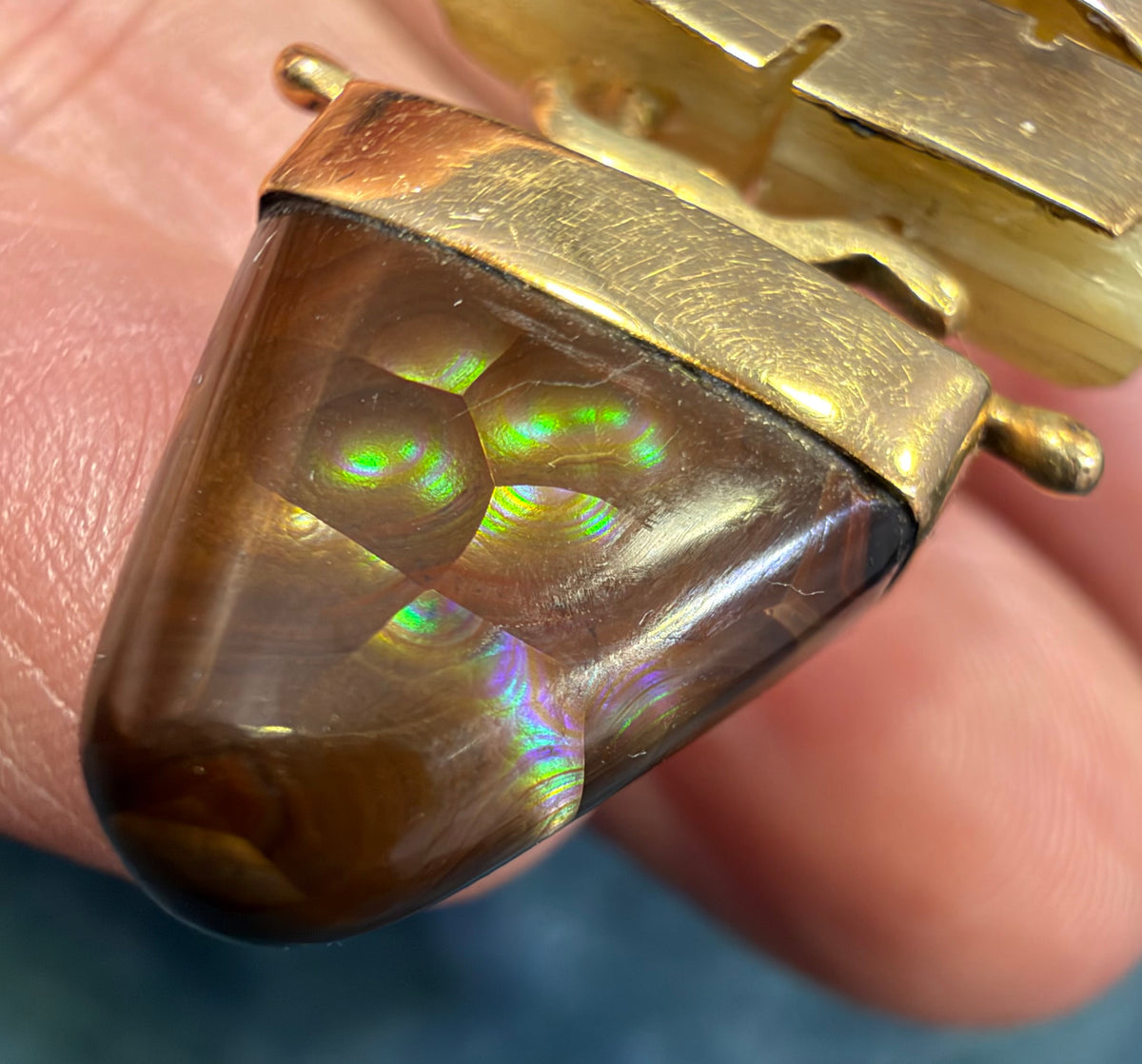 14k Yellow Gold Steampunk Artisan Pendant w Fire Agate. 2.2"