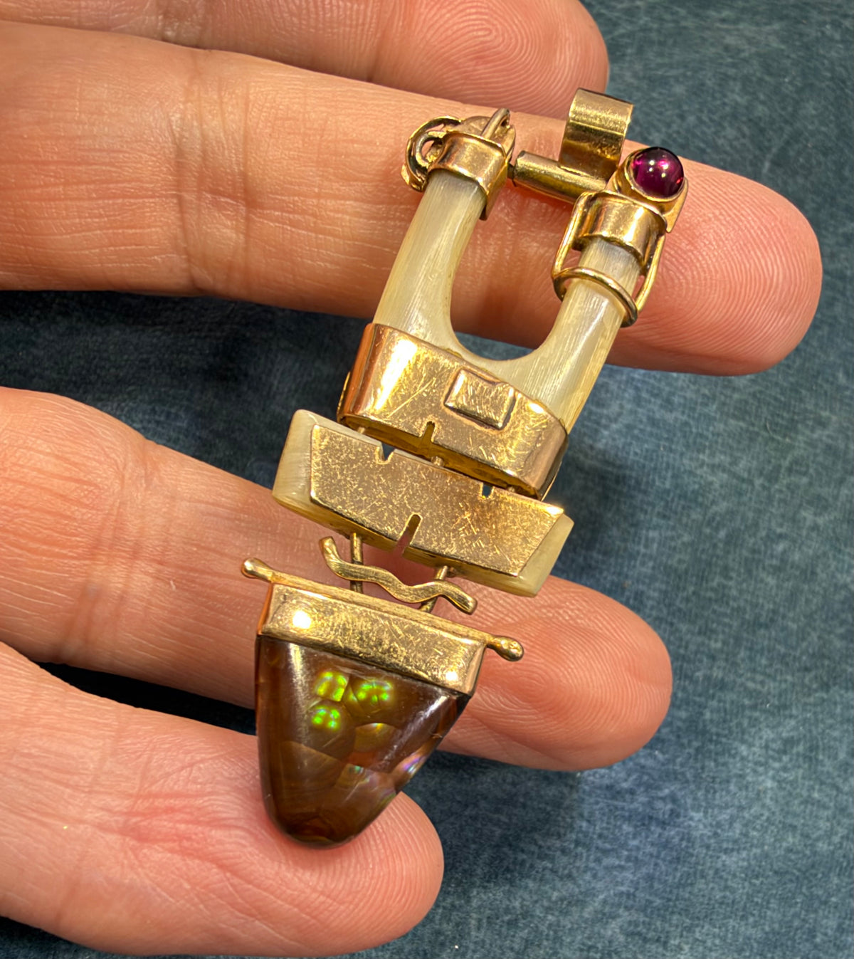 14k Yellow Gold Steampunk Artisan Pendant w Fire Agate. 2.2"