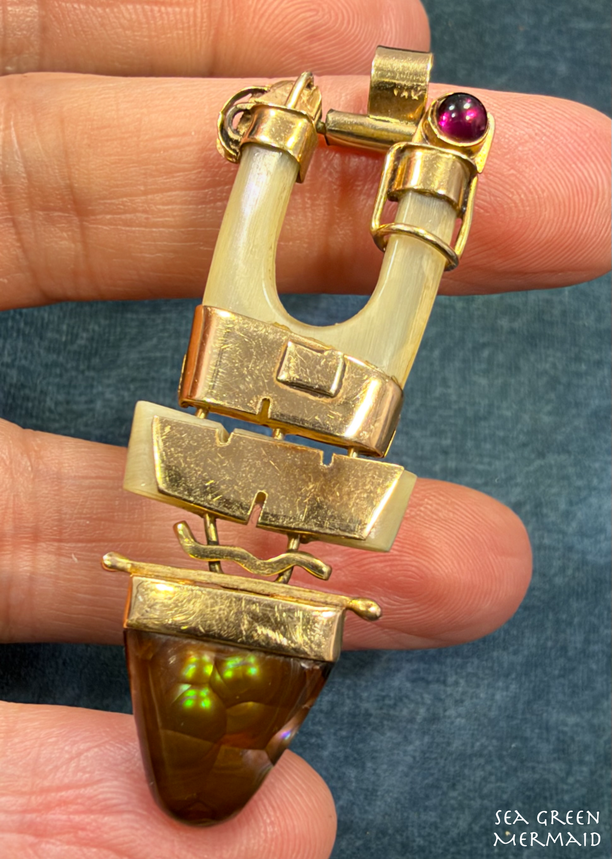 14k Yellow Gold Steampunk Artisan Pendant w Fire Agate. 2.2"