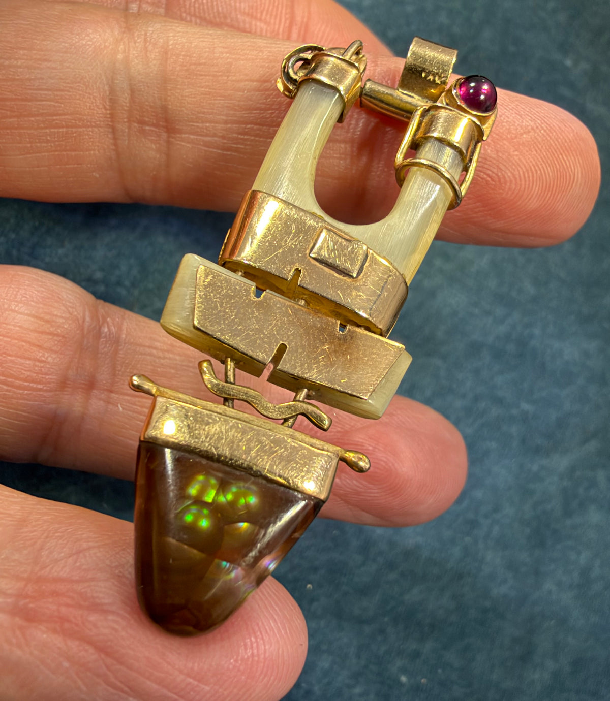 14k Yellow Gold Steampunk Artisan Pendant w Fire Agate. 2.2"