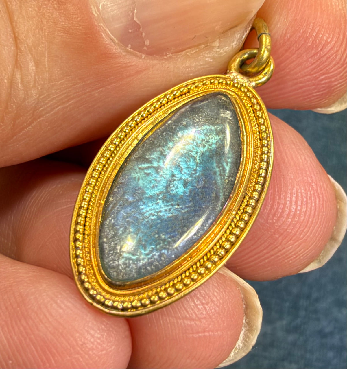 10k Yellow Gold Antique Blue MORPHO BUTTERFLY WING Pendant *Video*