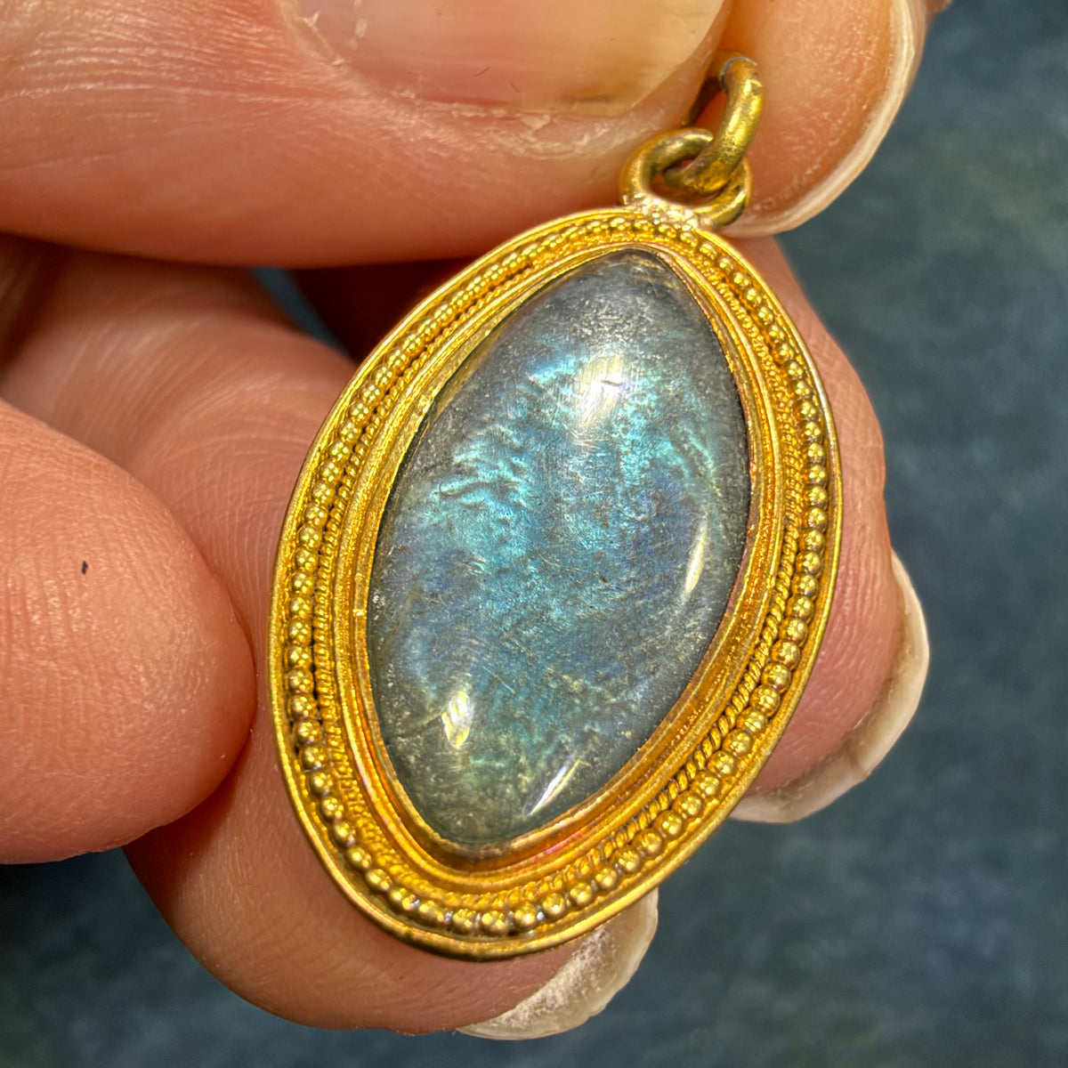 10k Yellow Gold Antique Blue MORPHO BUTTERFLY WING Pendant *Video*