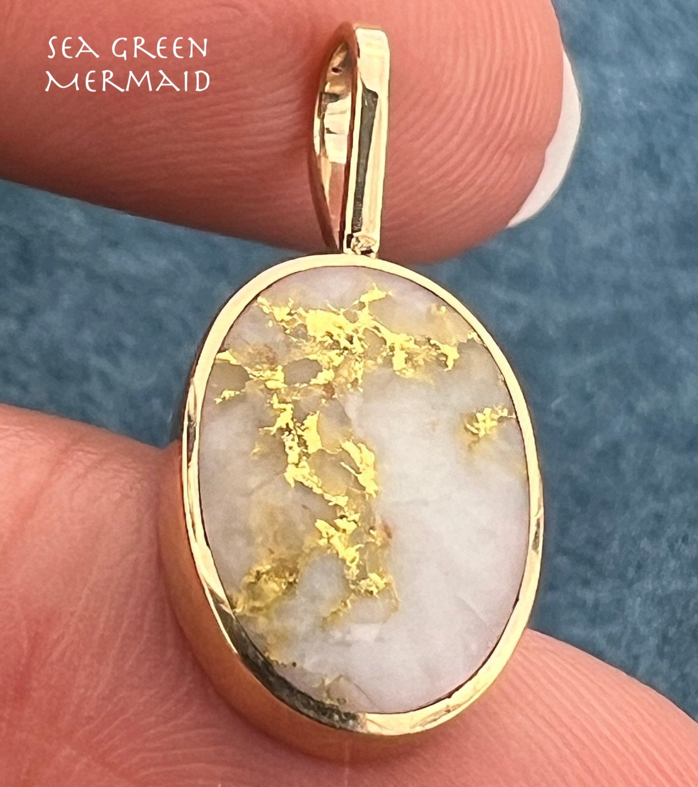 14k Yellow Gold ALASKAN Gold in Quartz Oval Disk Pendant. L