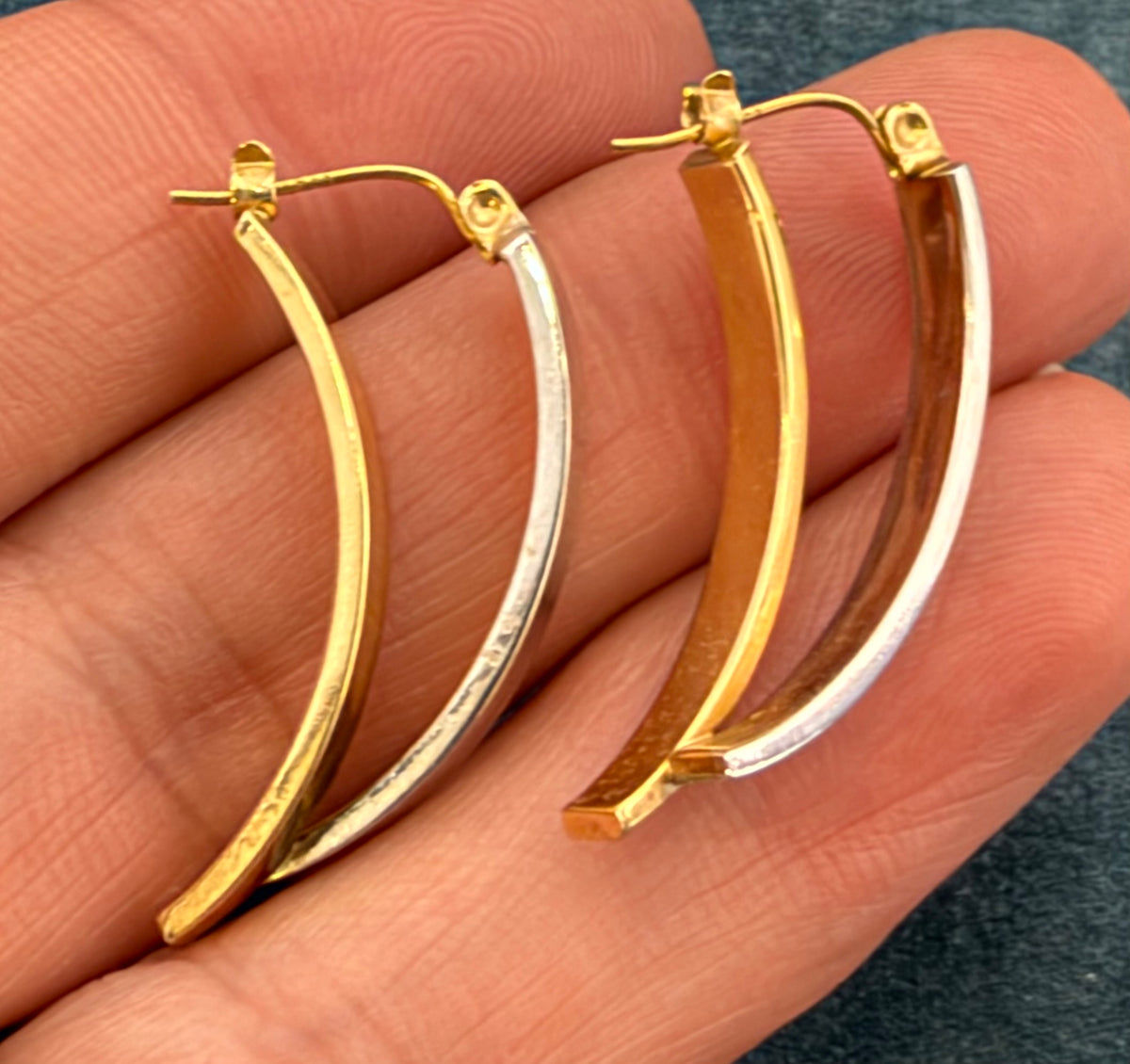 14k Yellow and White Gold Geometric Modern Edgy Hoop Earrings. 1.25"