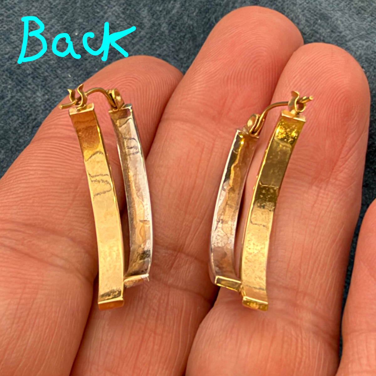14k Yellow and White Gold Geometric Modern Edgy Hoop Earrings. 1.25"