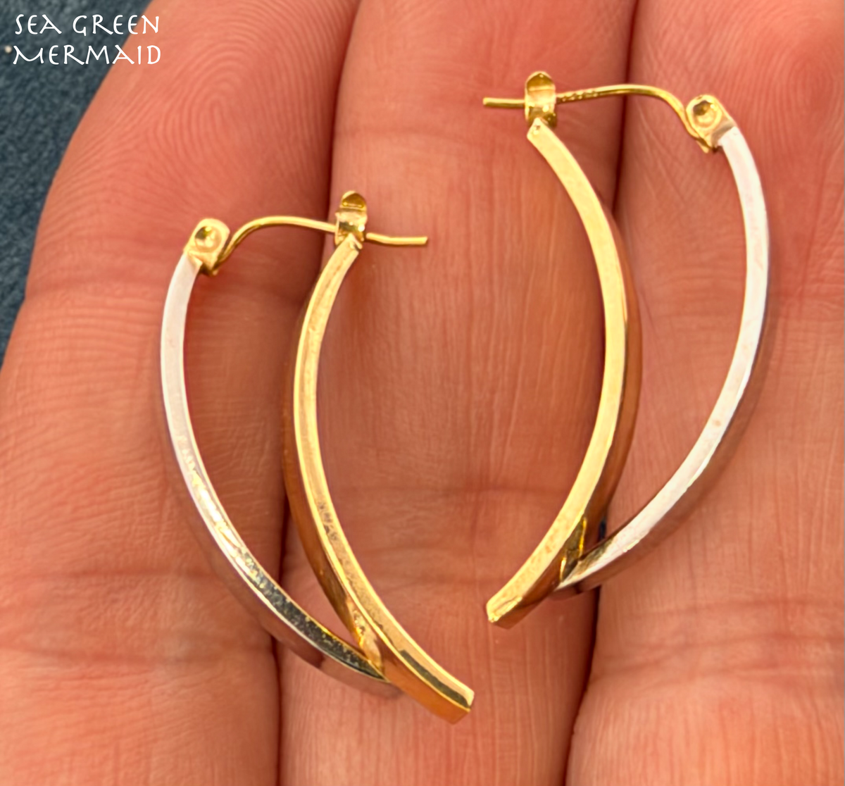 14k Yellow and White Gold Geometric Modern Edgy Hoop Earrings. 1.25"