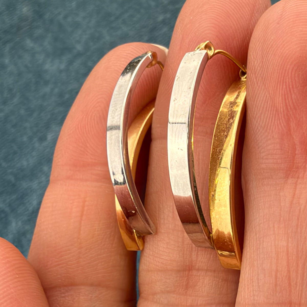 14k Yellow and White Gold Geometric Modern Edgy Hoop Earrings. 1.25"