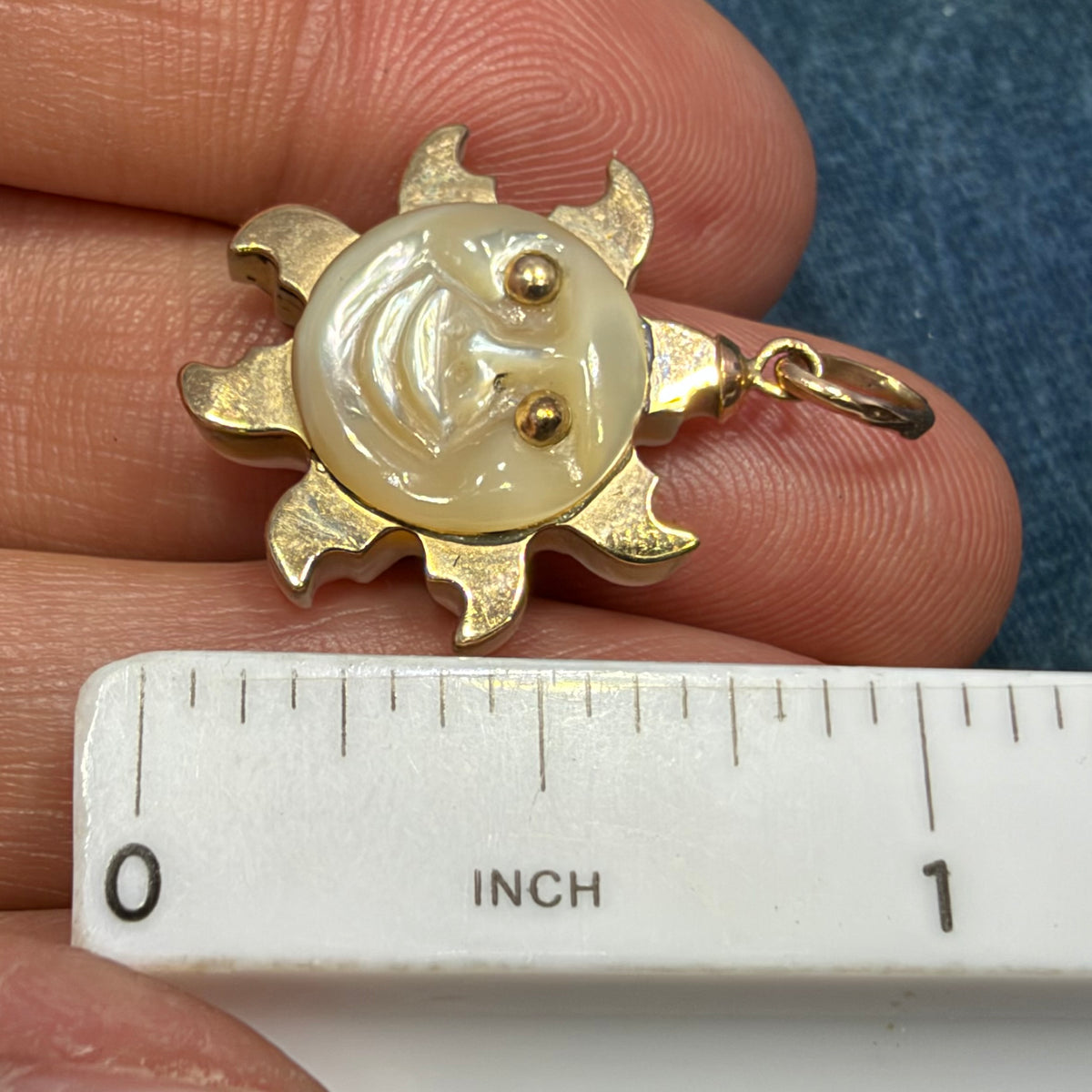 10k Yellow Gold Hand-Carved Face Ocean Shell SUN Pendant. Happy Summer