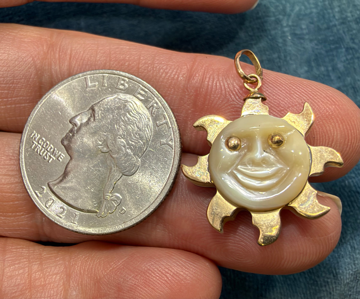 10k Yellow Gold Hand-Carved Face Ocean Shell SUN Pendant. Happy Summer