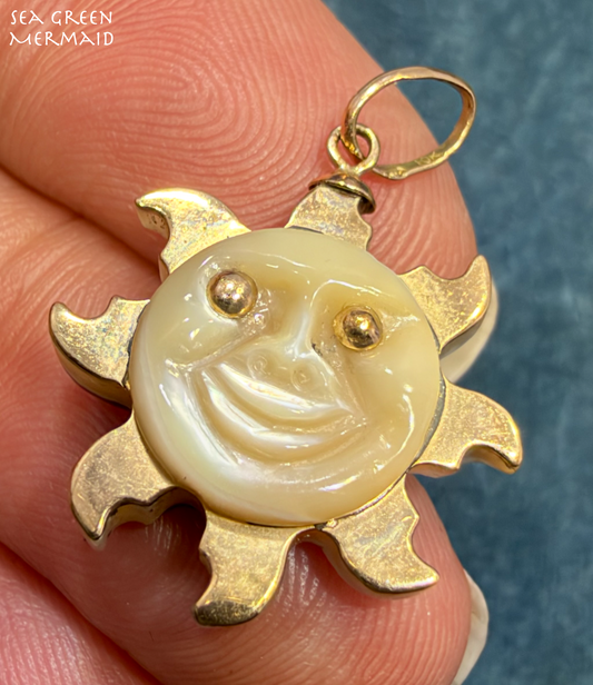 10k Yellow Gold Hand-Carved Face Ocean Shell SUN Pendant. Happy Summer