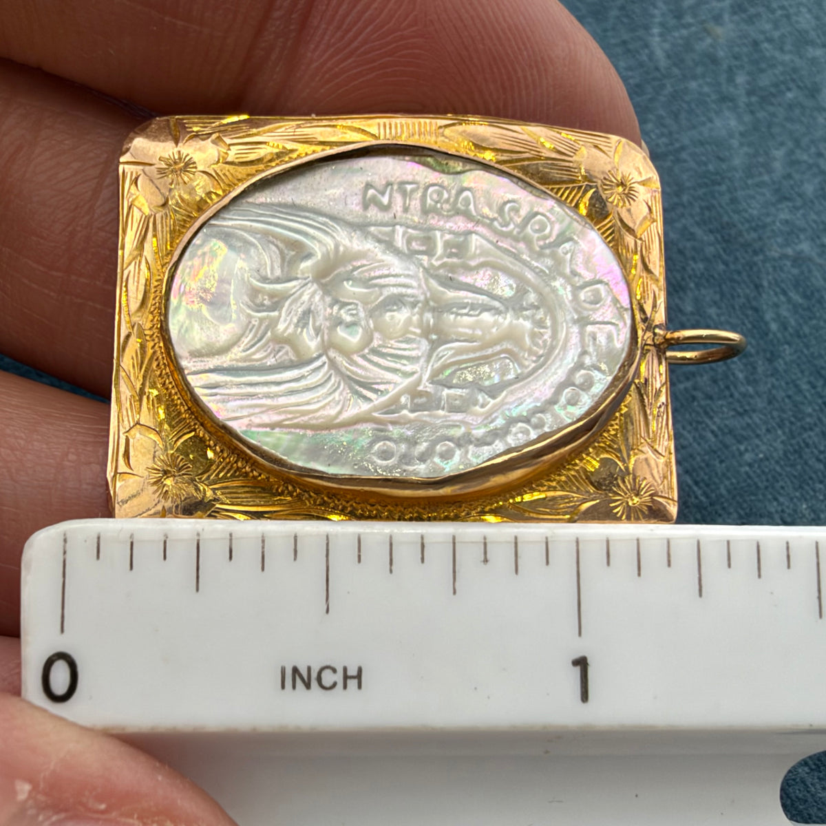 10k Yellow Gold Mother of Pearl Madonna Child Pendant. 1.25" *Video*