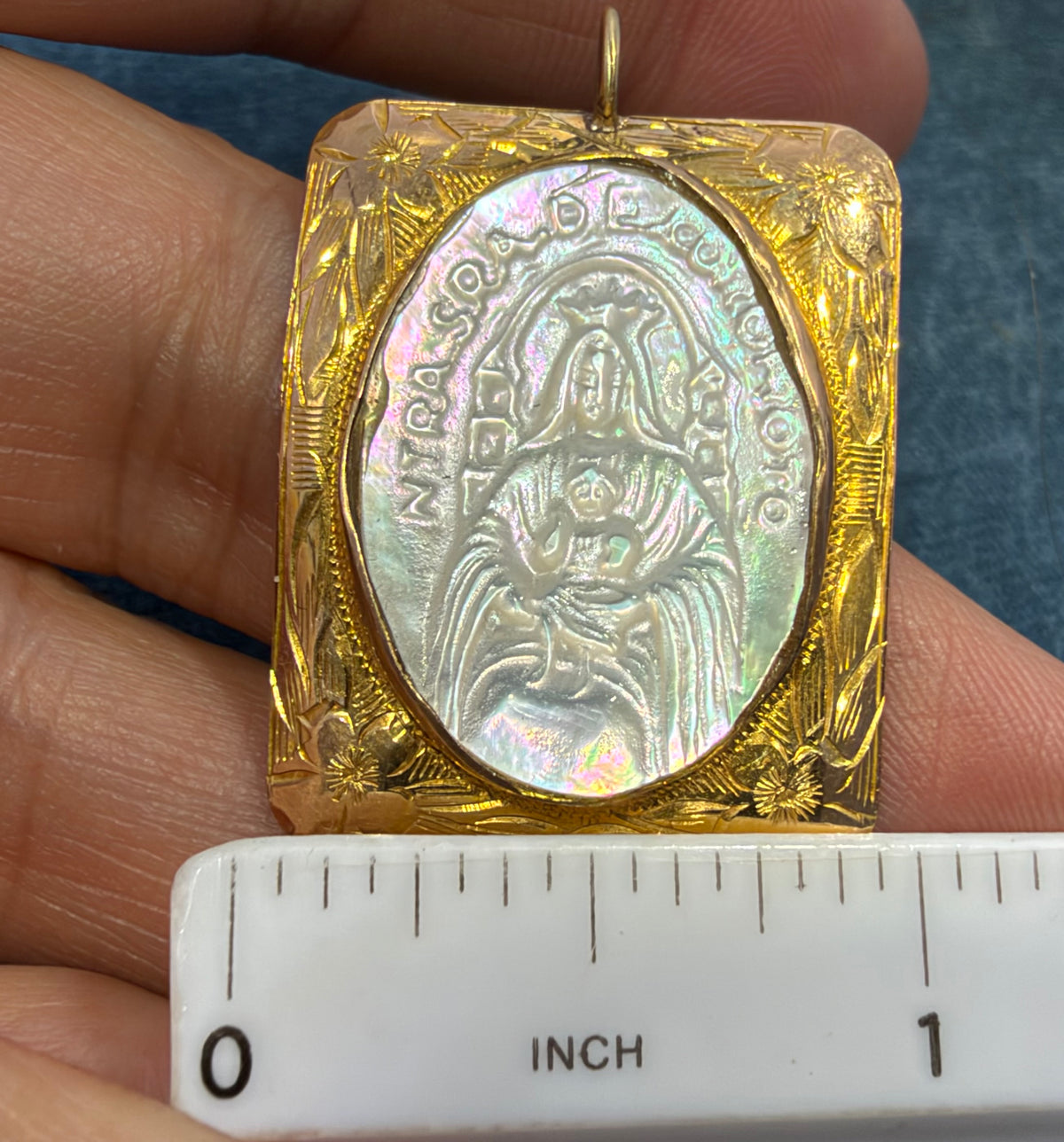 10k Yellow Gold Mother of Pearl Madonna Child Pendant. 1.25" *Video*