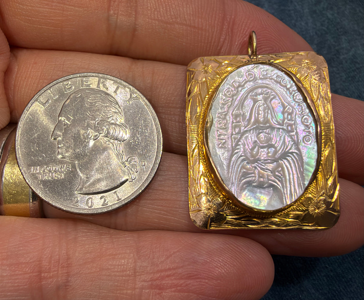 10k Yellow Gold Mother of Pearl Madonna Child Pendant. 1.25" *Video*