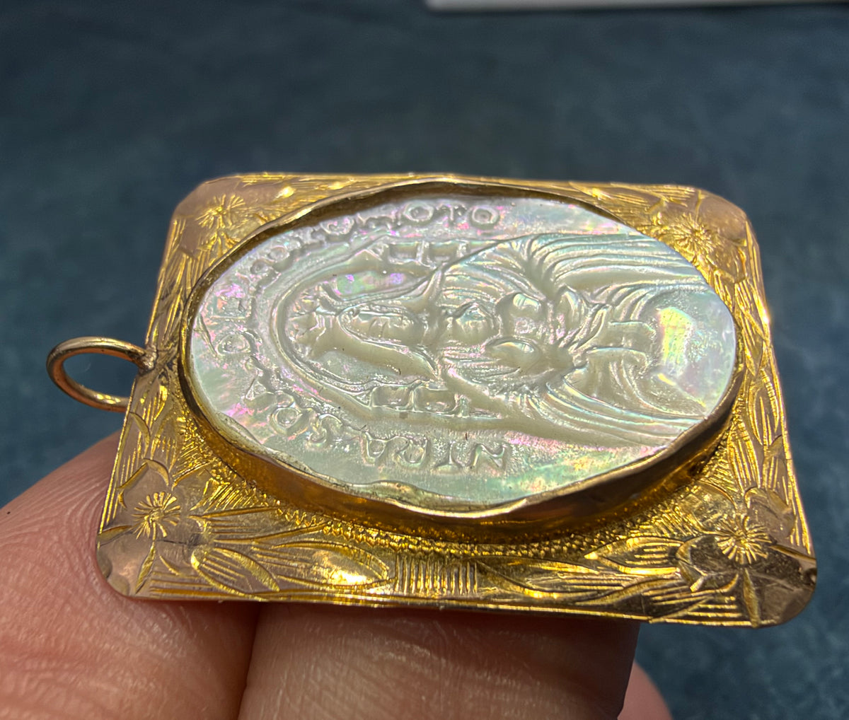 10k Yellow Gold Mother of Pearl Madonna Child Pendant. 1.25" *Video*