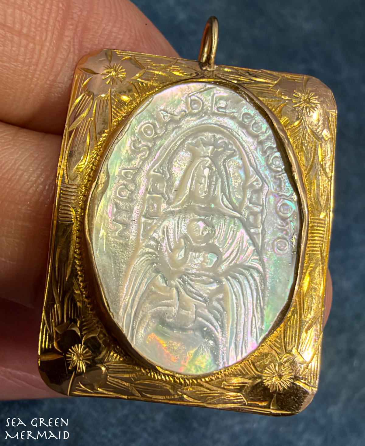 10k Yellow Gold Mother of Pearl Madonna Child Pendant. 1.25" *Video*