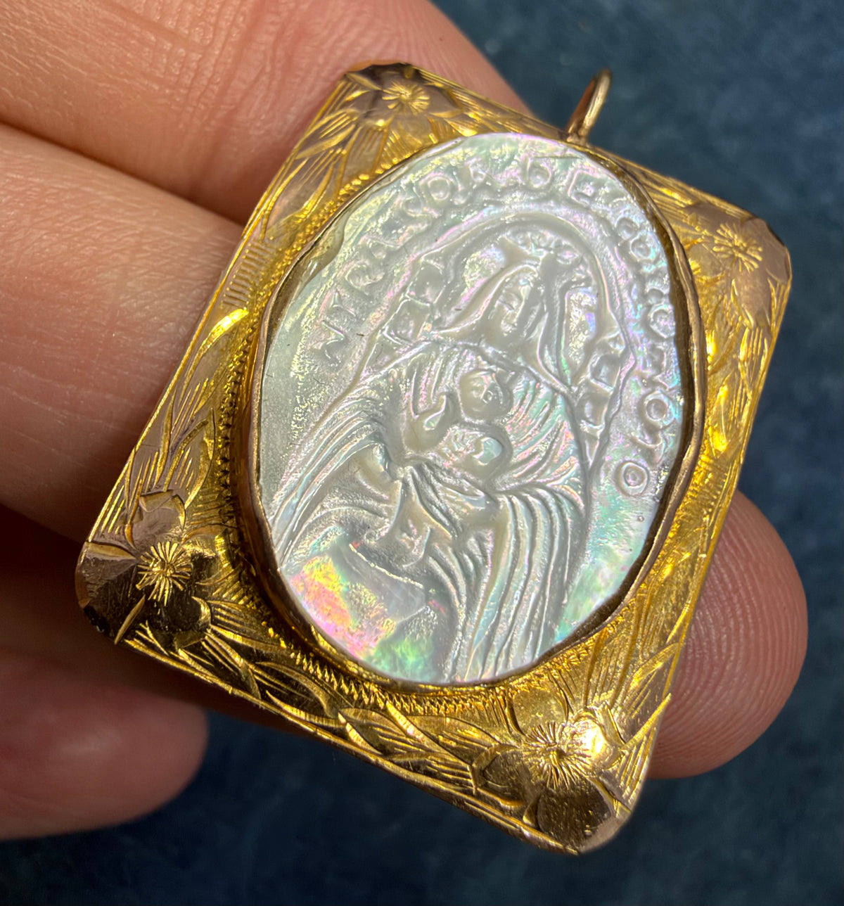 10k Yellow Gold Mother of Pearl Madonna Child Pendant. 1.25" *Video*