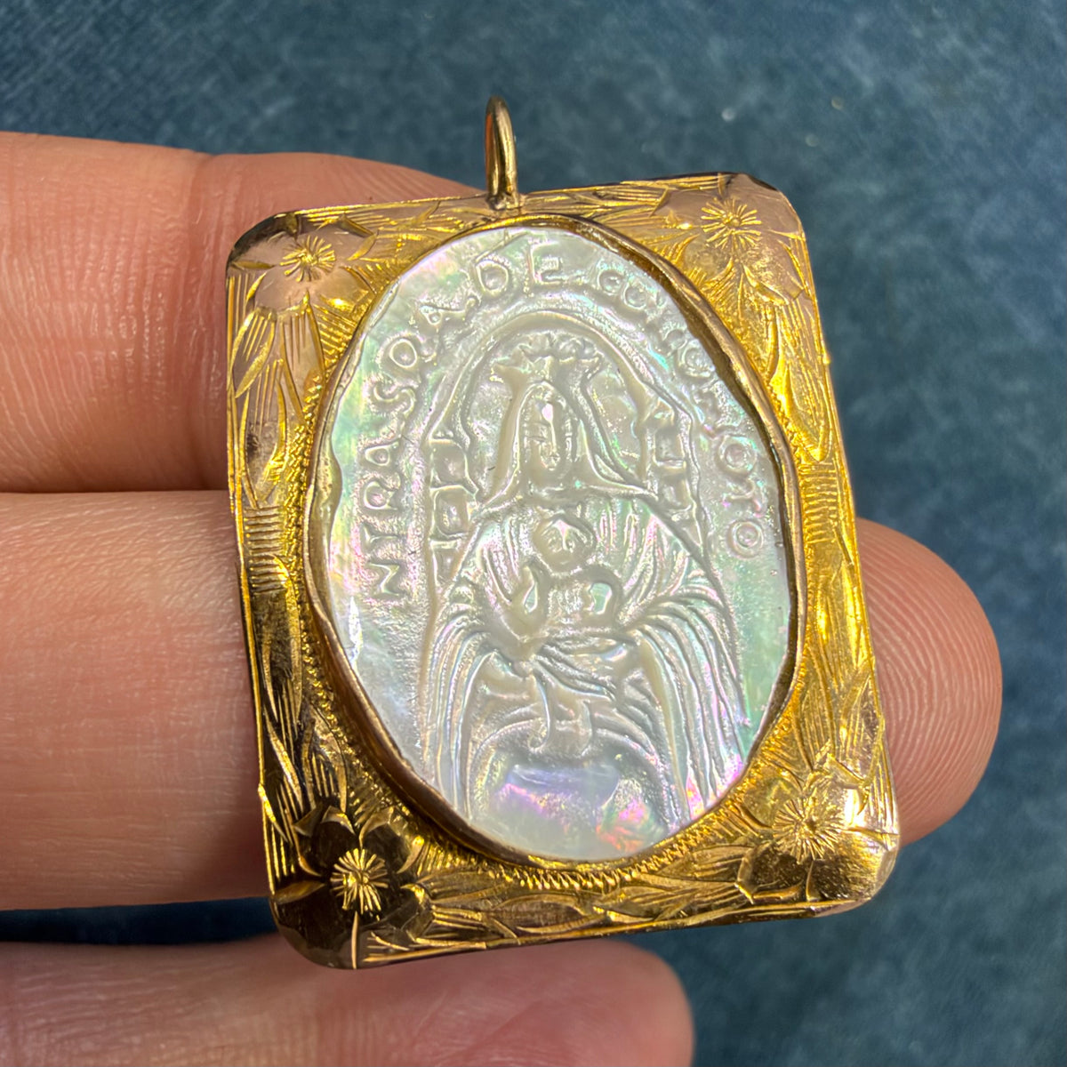 10k Yellow Gold Mother of Pearl Madonna Child Pendant. 1.25" *Video*