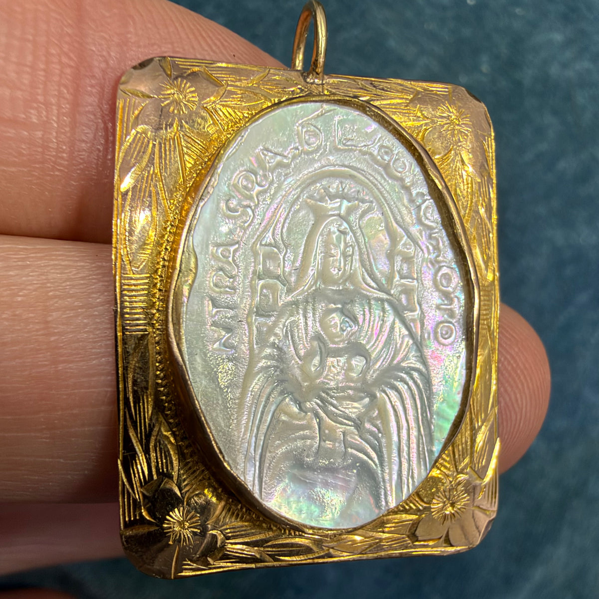 10k Yellow Gold Mother of Pearl Madonna Child Pendant. 1.25" *Video*