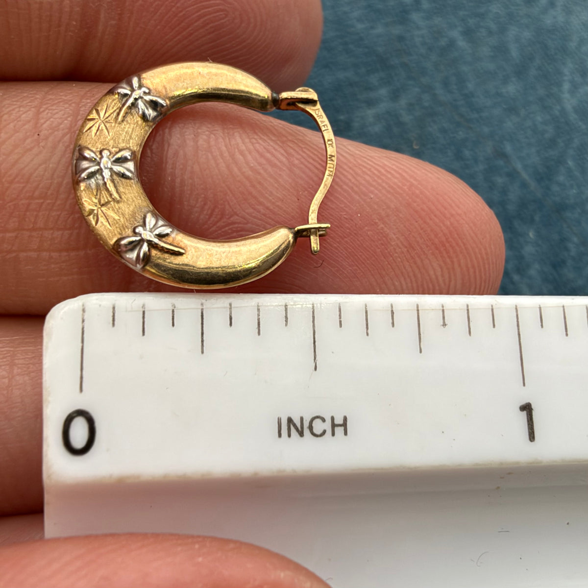 10k Yellow Rose Gold Hoop Earrings w White Gold Dragonflies. Small 1/2"