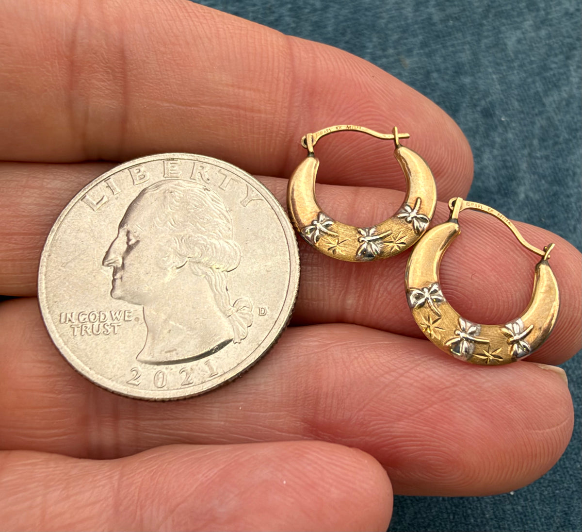 10k Yellow Rose Gold Hoop Earrings w White Gold Dragonflies. Small 1/2"