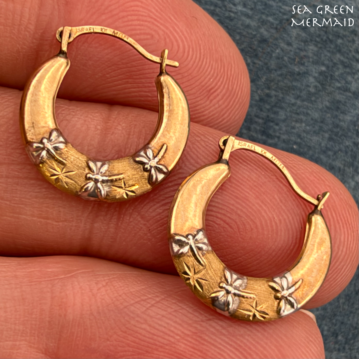 10k Yellow Rose Gold Hoop Earrings w White Gold Dragonflies. Small 1/2"