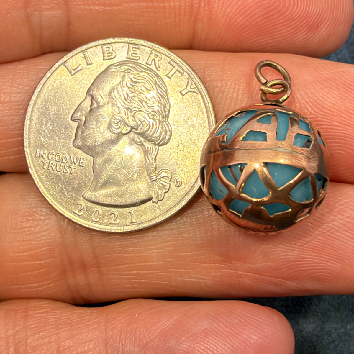 10k Gold Filigree Ball Pendant w Peking Glass. "Masala" Indian Spice Box