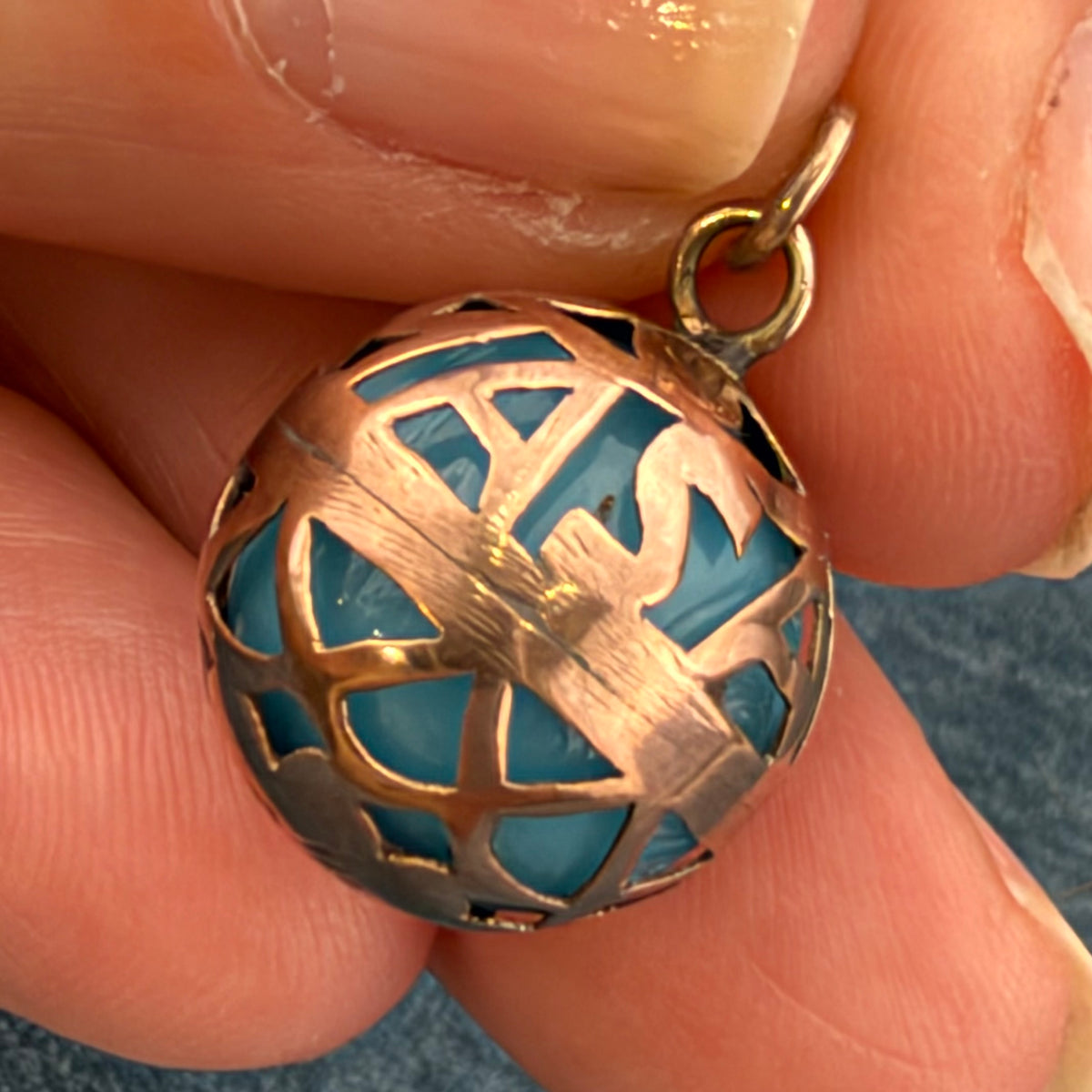 10k Gold Filigree Ball Pendant w Peking Glass. "Masala" Indian Spice Box