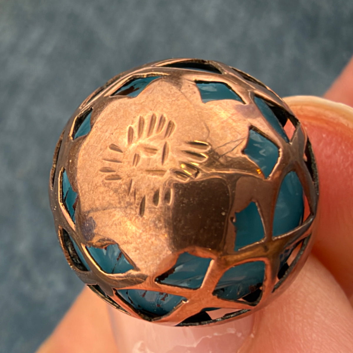 10k Gold Filigree Ball Pendant w Peking Glass. "Masala" Indian Spice Box