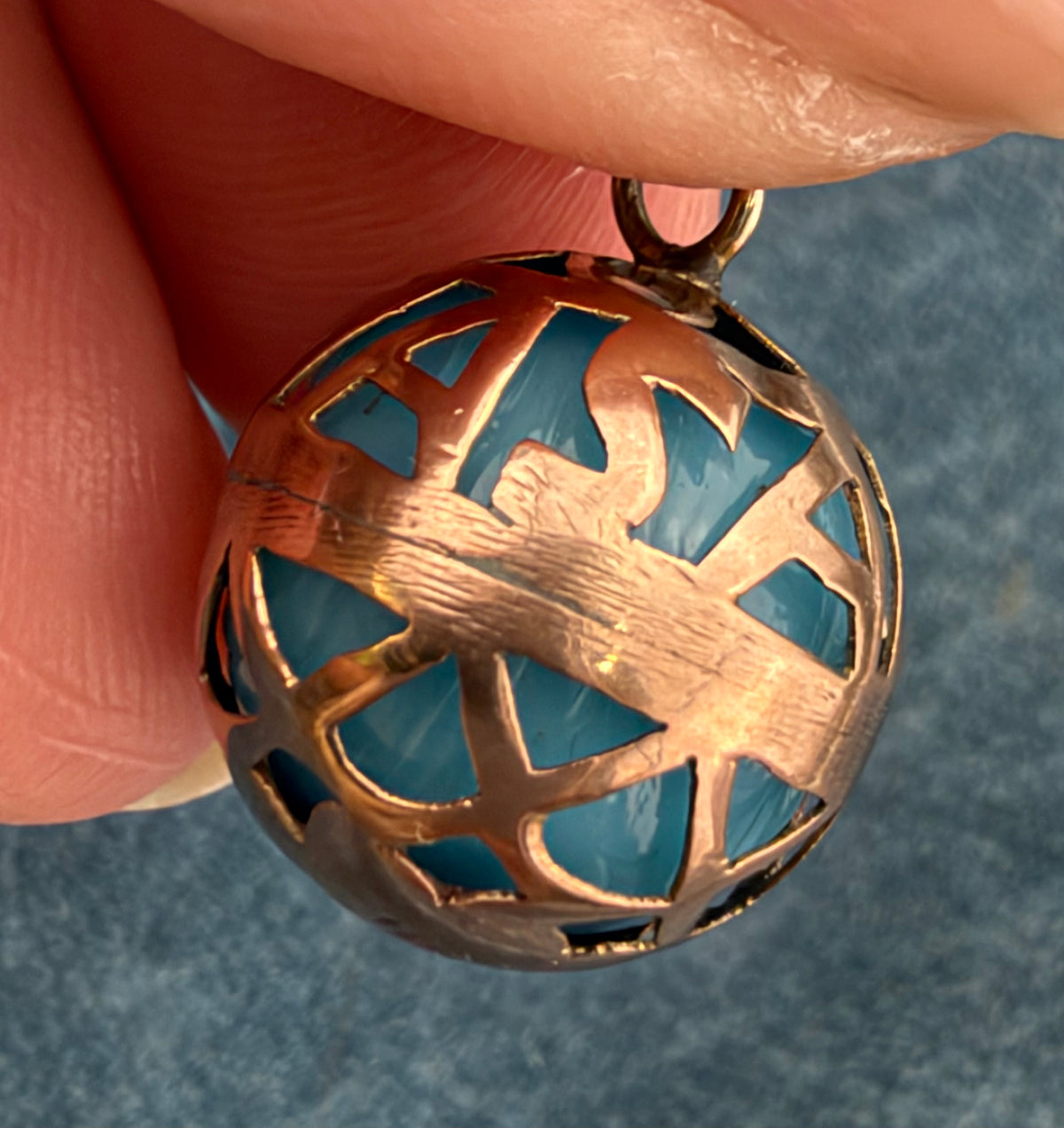 10k Gold Filigree Ball Pendant w Peking Glass. "Masala" Indian Spice Box