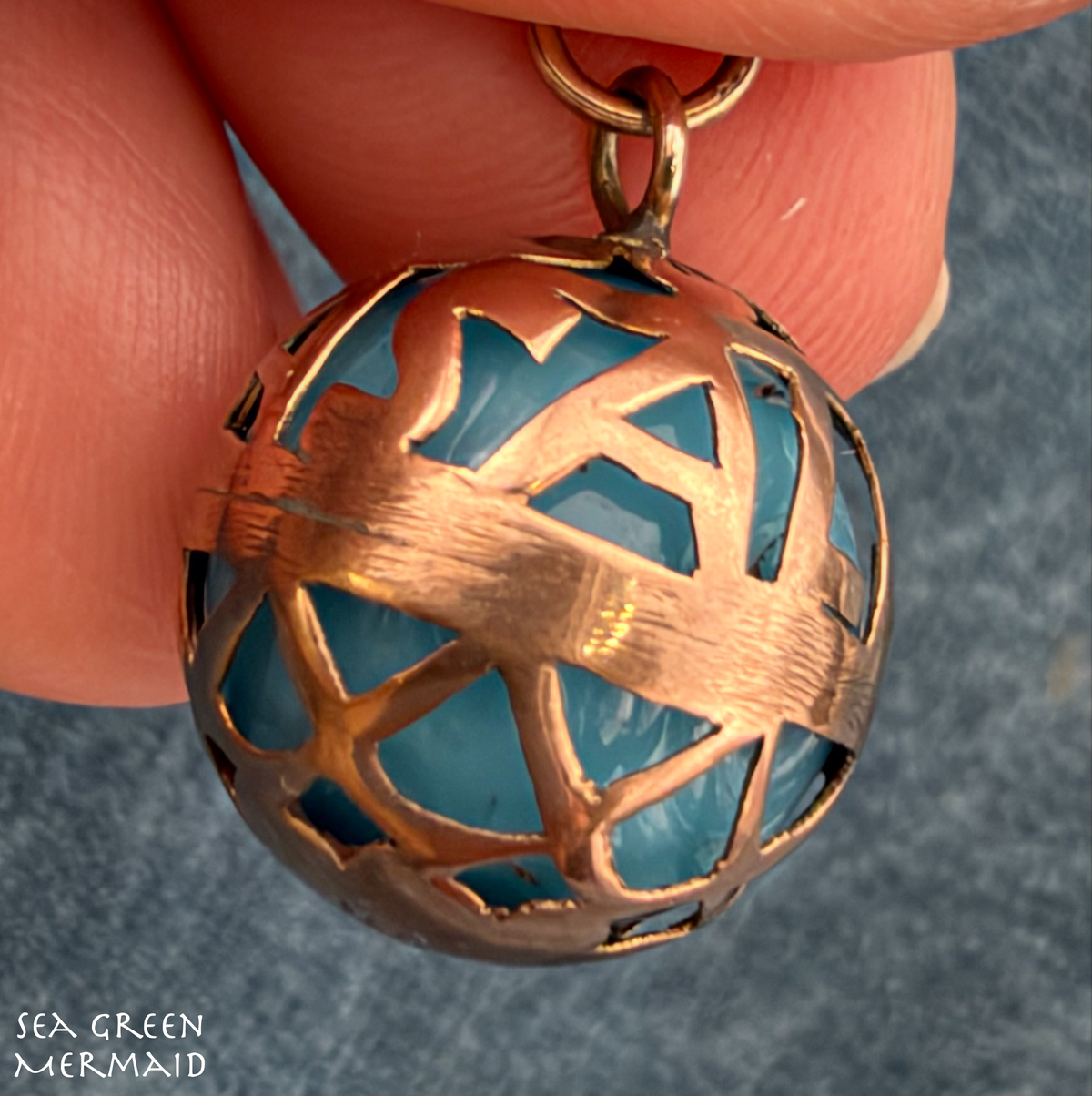 10k Gold Filigree Ball Pendant w Peking Glass. "Masala" Indian Spice Box