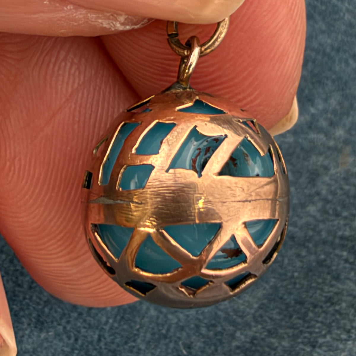 10k Gold Filigree Ball Pendant w Peking Glass. "Masala" Indian Spice Box