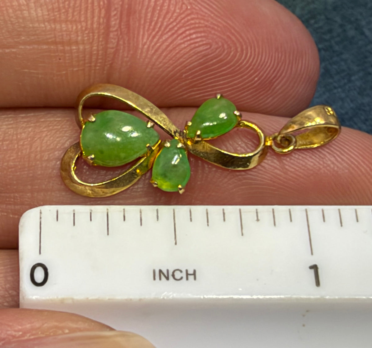 14k Gold Carved Natural Jade Ribbon Pendant. Apple Green. 1"