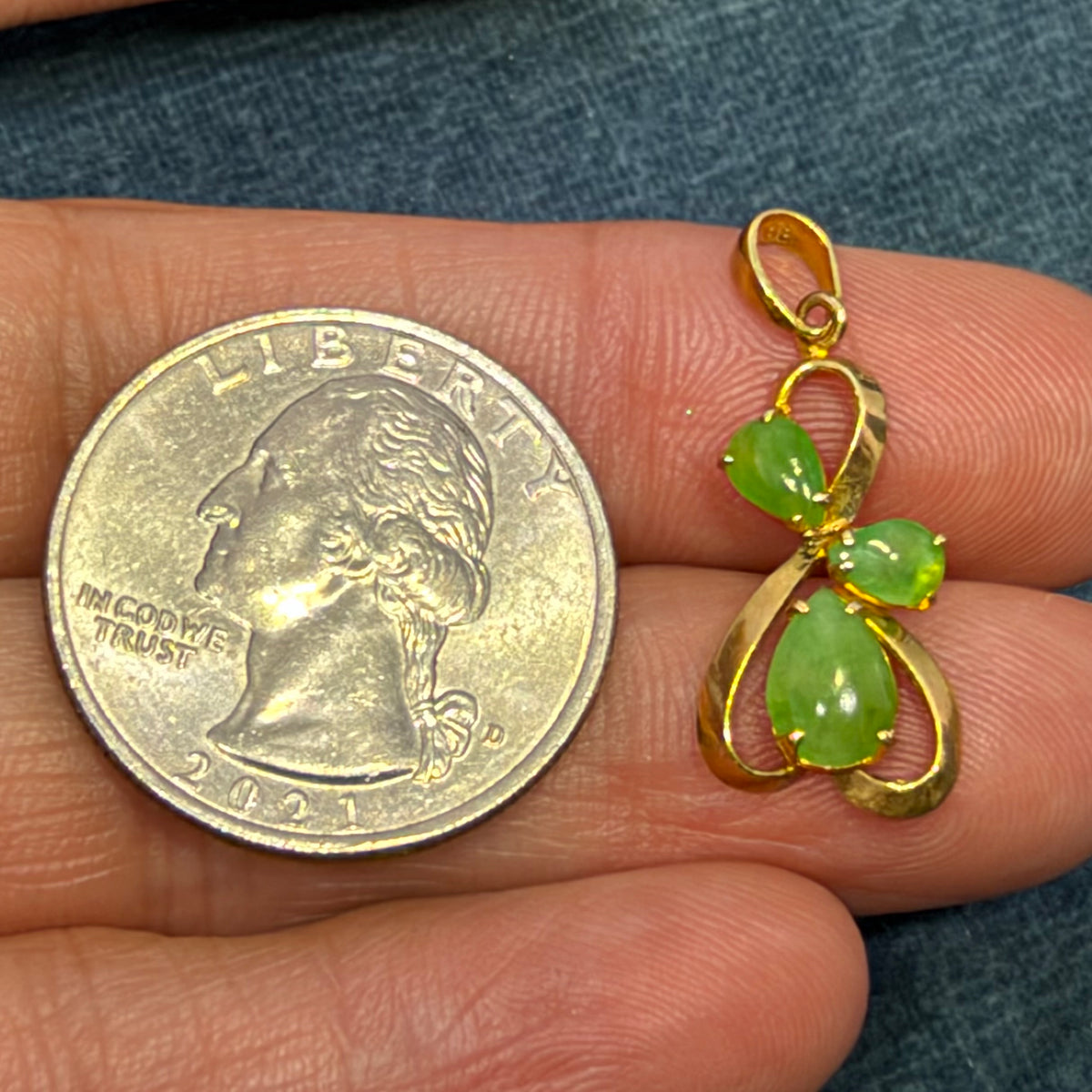 14k Gold Carved Natural Jade Ribbon Pendant. Apple Green. 1"