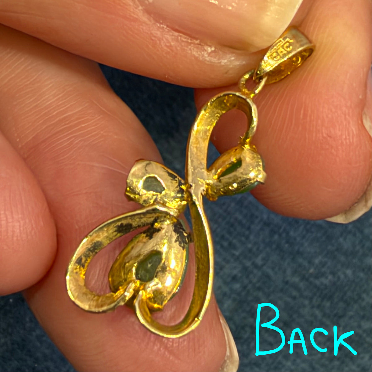 14k Gold Carved Natural Jade Ribbon Pendant. Apple Green. 1"
