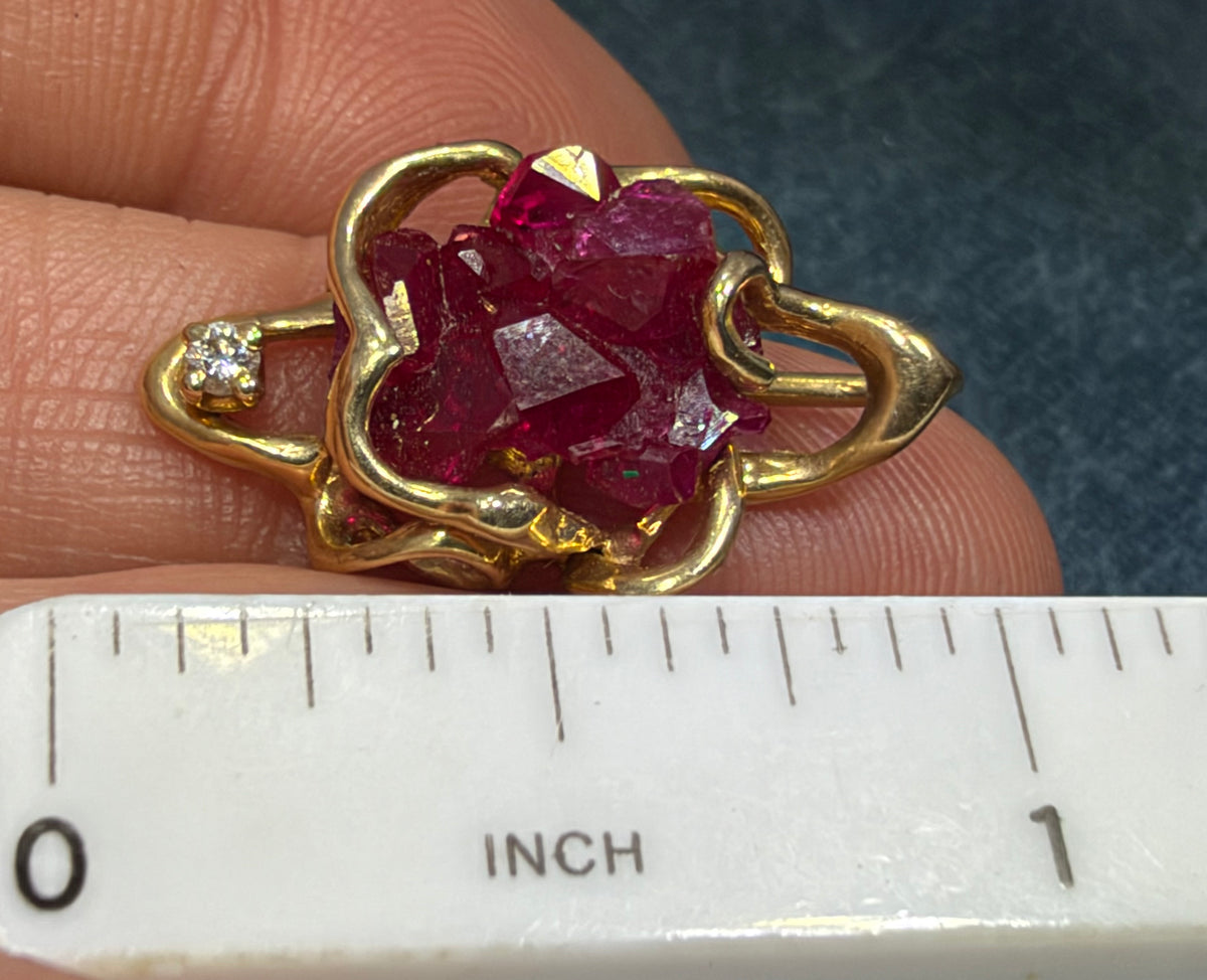 14k Yellow Gold Pendant w Raw Ruby + Diamond. 1" + 3.3g  *Video*