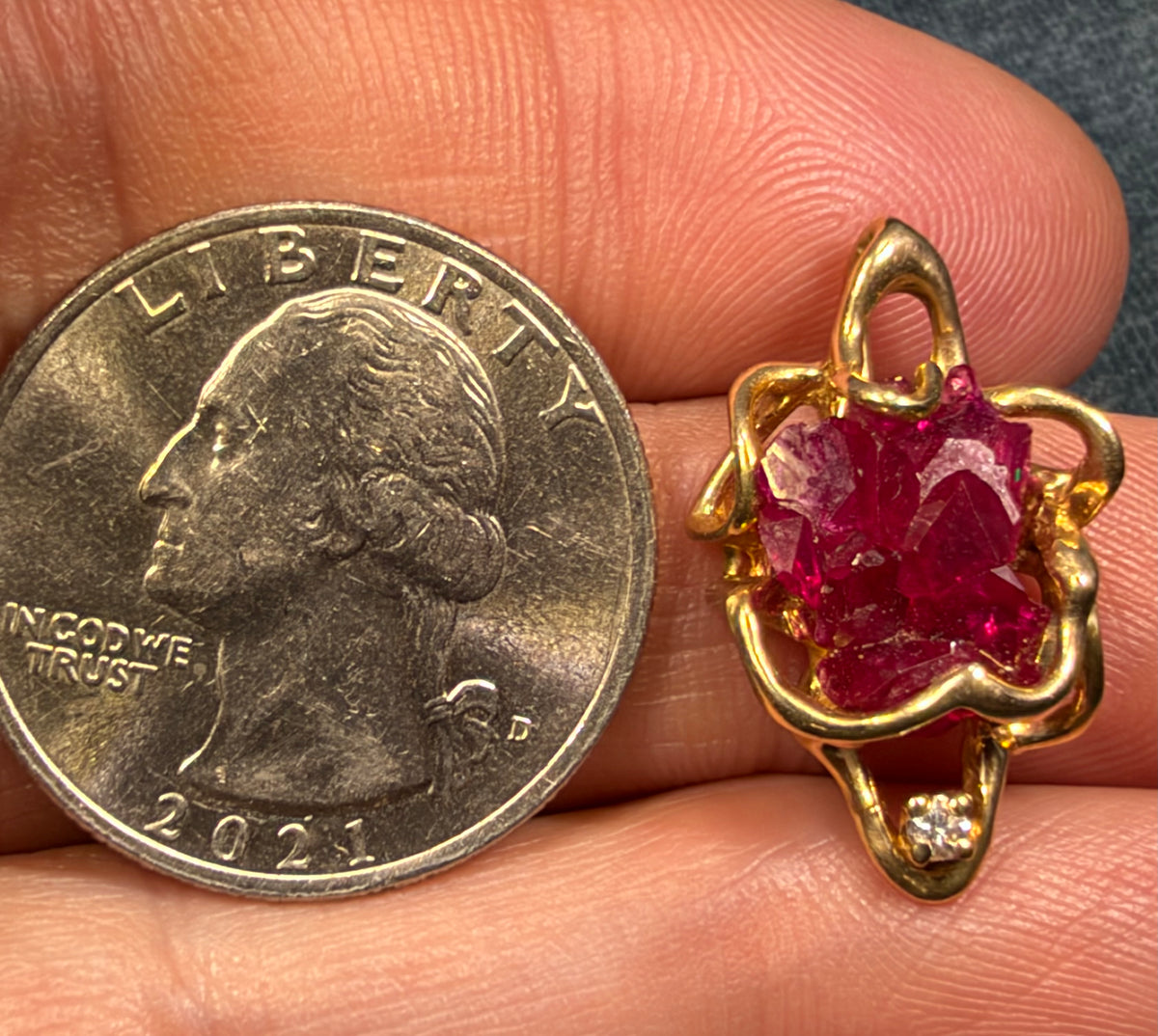 14k Yellow Gold Pendant w Raw Ruby + Diamond. 1" + 3.3g  *Video*