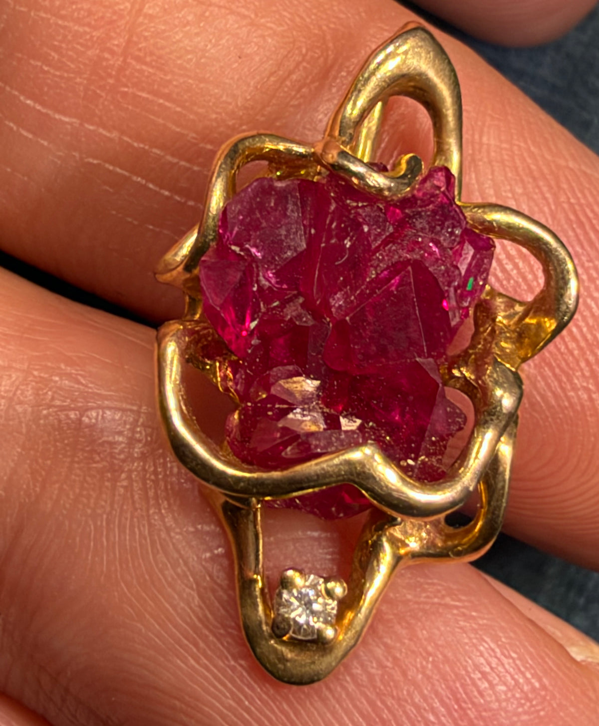 14k Yellow Gold Pendant w Raw Ruby + Diamond. 1" + 3.3g  *Video*