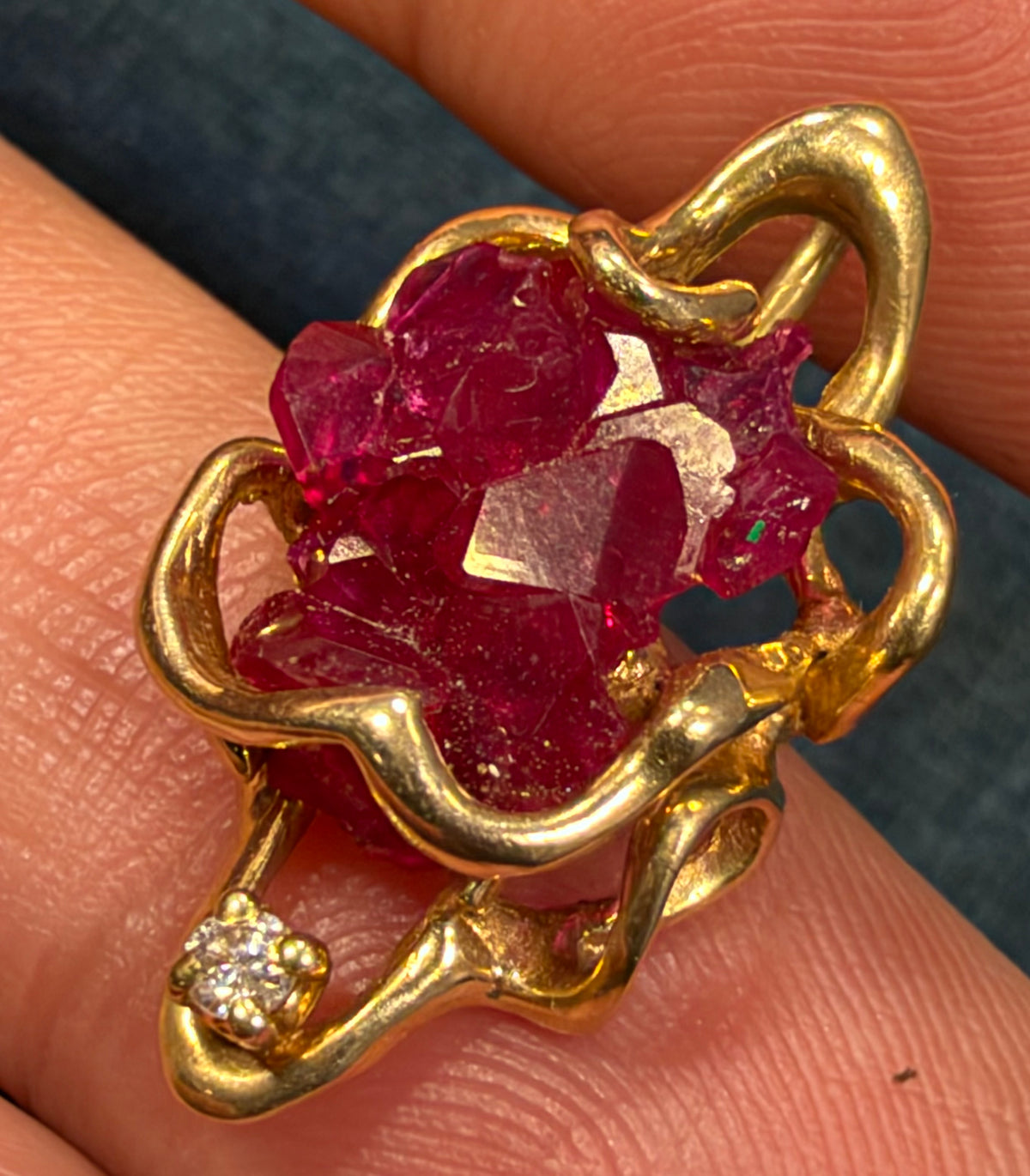 14k Yellow Gold Pendant w Raw Ruby + Diamond. 1" + 3.3g  *Video*