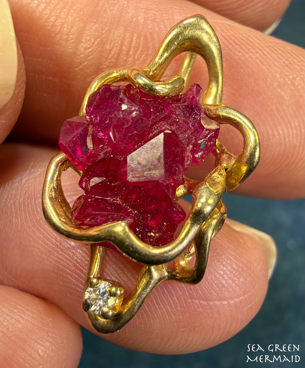 14k Yellow Gold Pendant w Raw Ruby + Diamond. 1" + 3.3g  *Video*