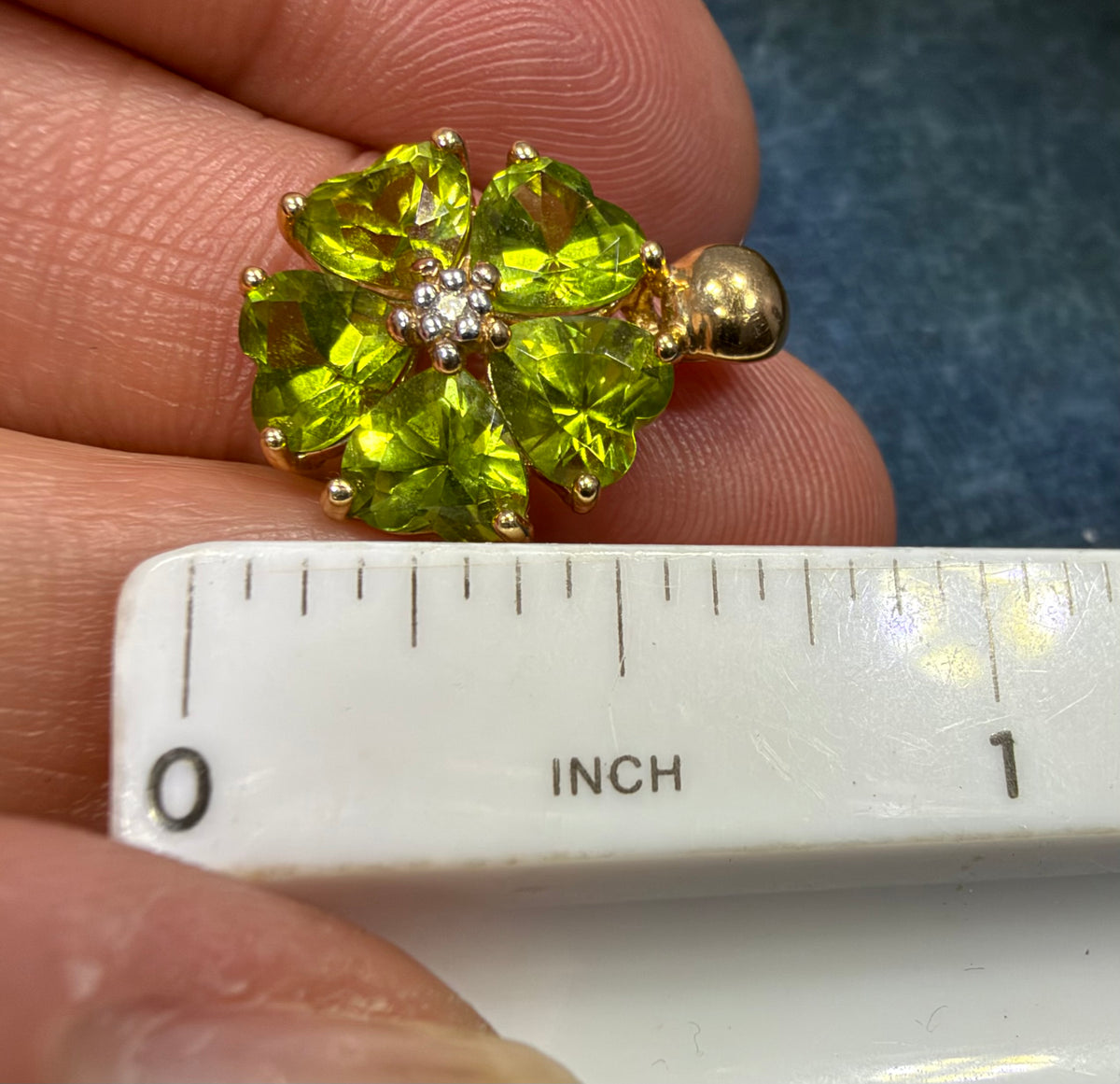 14k Yellow Gold Peridot + Diamond Pendant. Heart Flower Petals