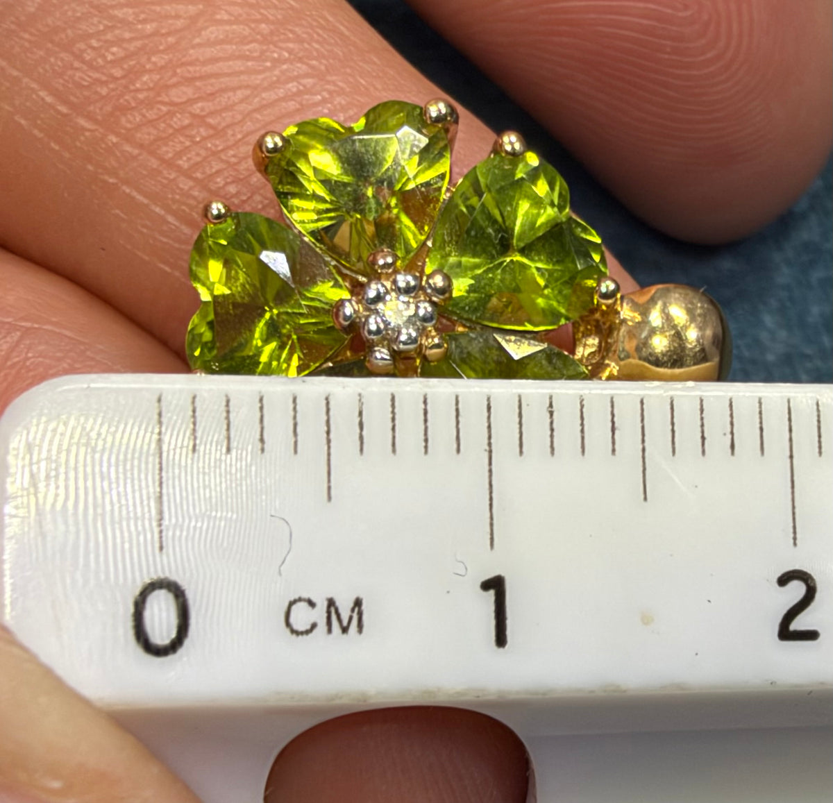 14k Yellow Gold Peridot + Diamond Pendant. Heart Flower Petals