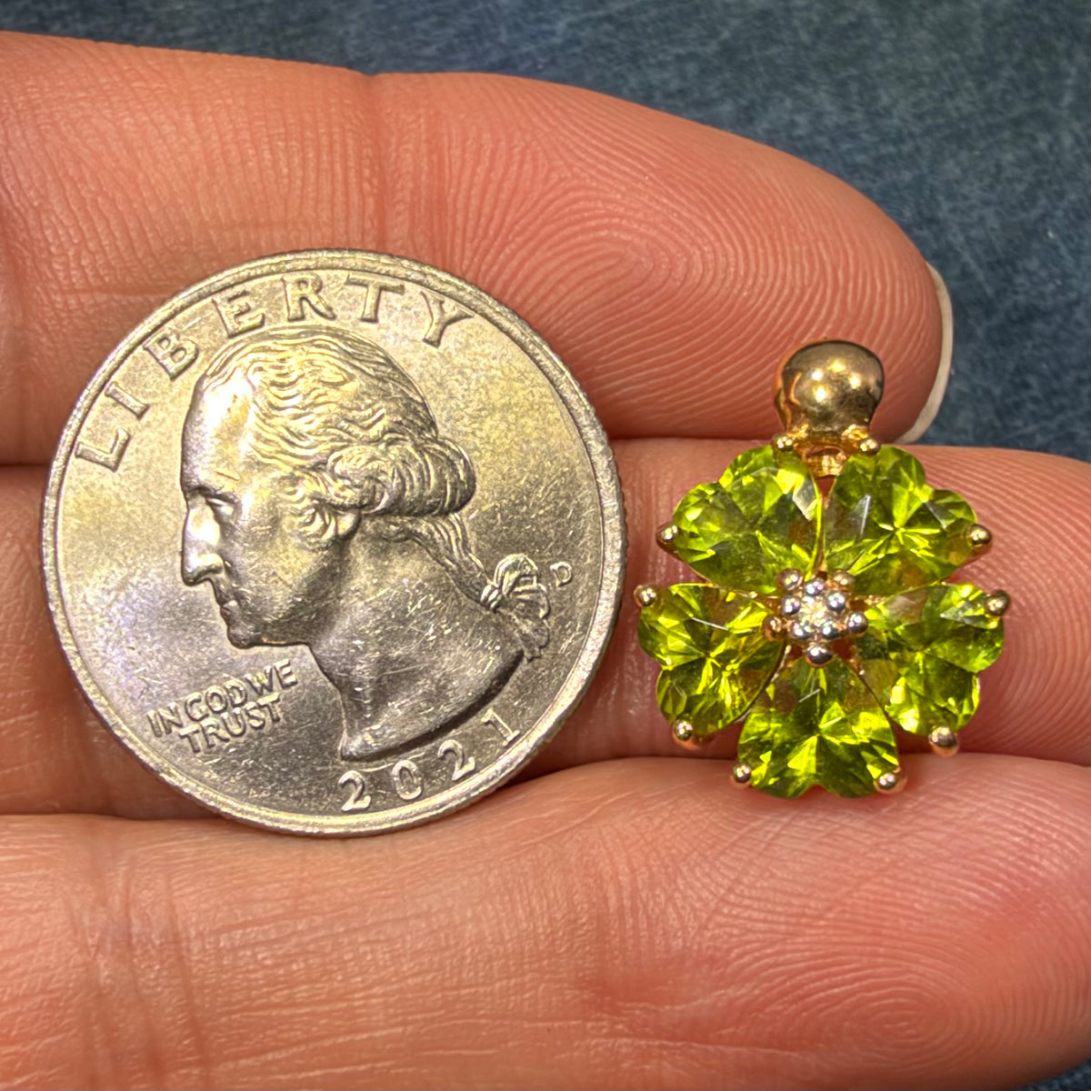 14k Yellow Gold Peridot + Diamond Pendant. Heart Flower Petals